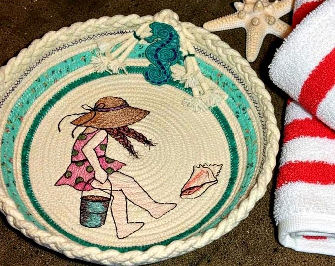 Beach Girl Rope Bowl-Embroidered Rope Bowl Basket