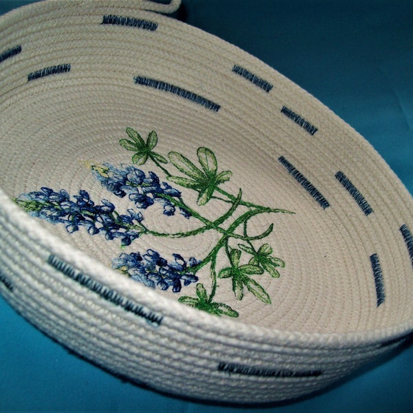 Coiled Rope Bowl-Embroidered Montana Lupines-Bluebonnet Flowers-Handmade Basket