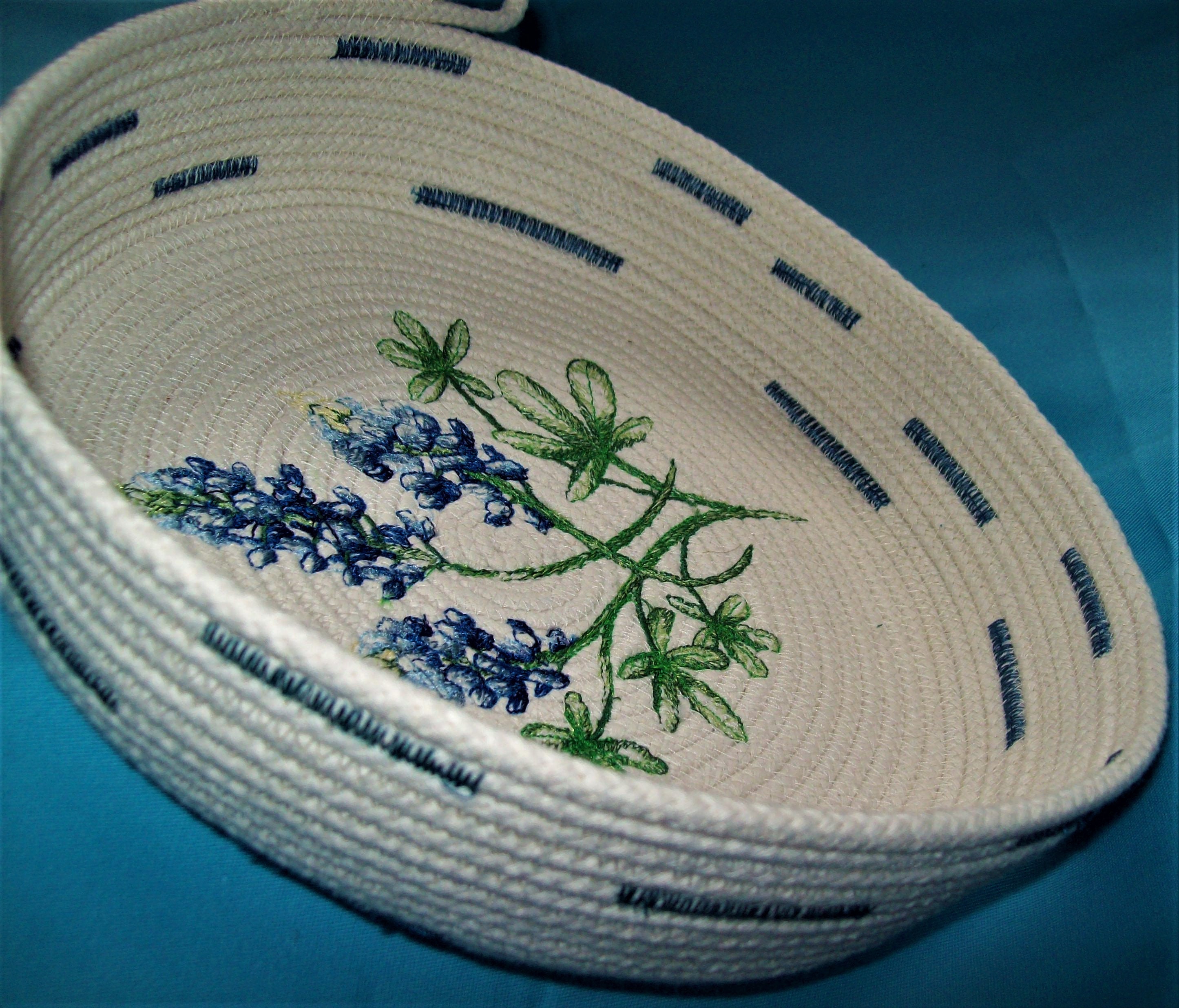 Coiled Rope Bowl-embroidered Montana Lupines-bluebonnet Flowers