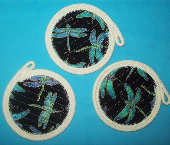 Large Dragonfly Coaster: Handmade Rope & Fabric Mug Rug-Candle Mat