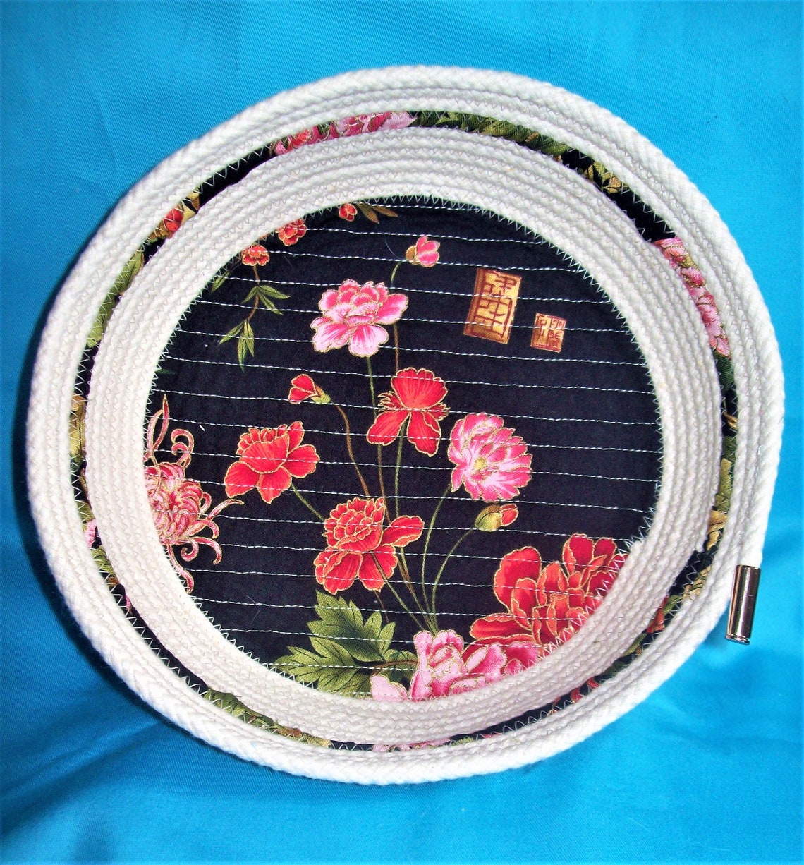 Coiled Rope Bowl-asian Design-quilted Bottom-fabric Rope Basket-quilted ...
