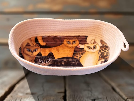 Oval Cat Rope Bowl: Vintage Cat Fabric Trinket Dish