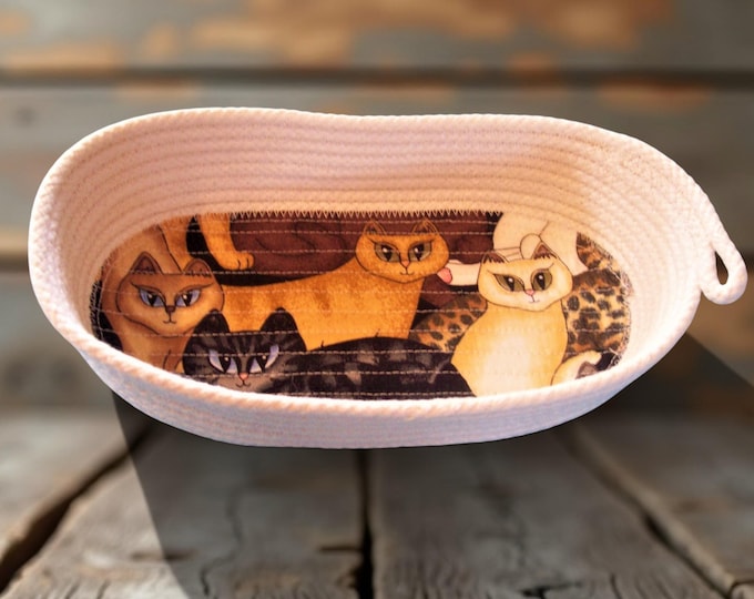 Oval Cat Rope Bowl: Vintage Cat Fabric Trinket Dish