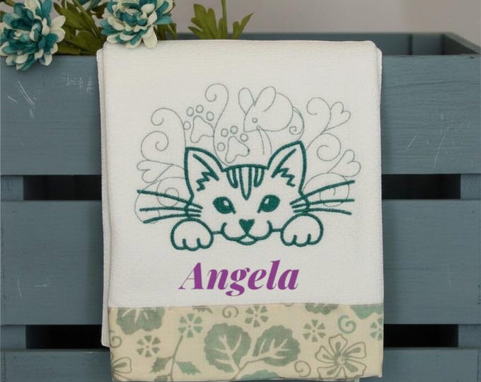 Embroidered Cat Towel, 16x28 Cotton Terry, Matching Border