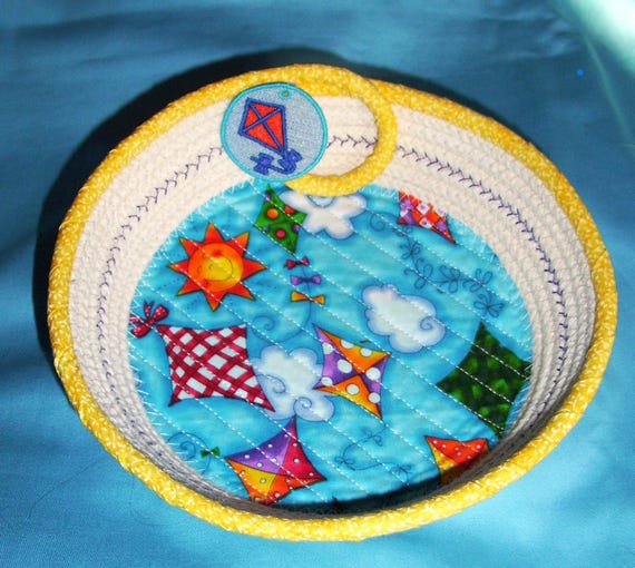 Kite Fun Embroidered Rope Bowl-Child's Fabric Wrapped Basket