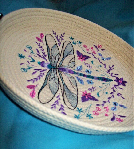 Embroidered Dragonfly Rope Bowl: Handmade Clothesline Basket, Wall Art