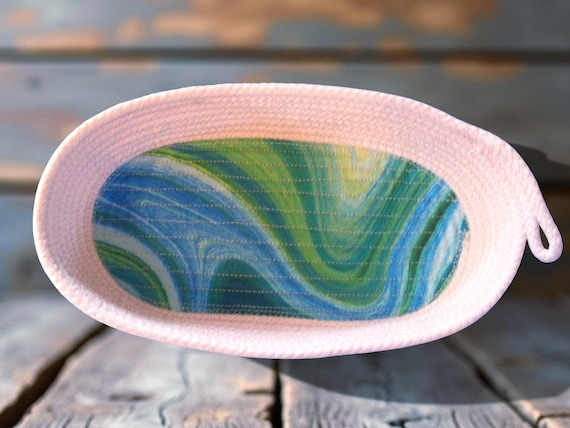 Oval Rope Basket: Teal Geometric Fabric Bottom, Contemporary Key or Eyeglass Dish
