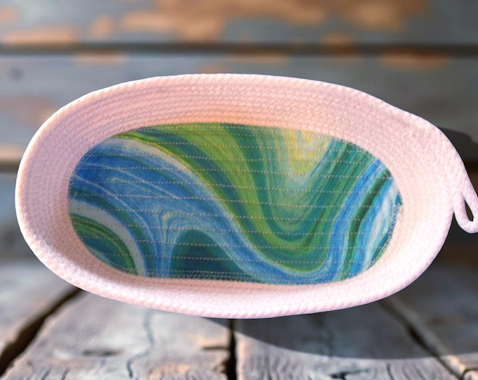 Oval Rope Basket: Teal Geometric Fabric Bottom, Contemporary Key or Eyeglass Dish
