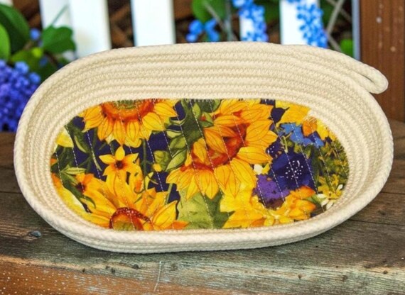 Sunflowers Oval Rope Bowl-Coiled clothesline cord basket