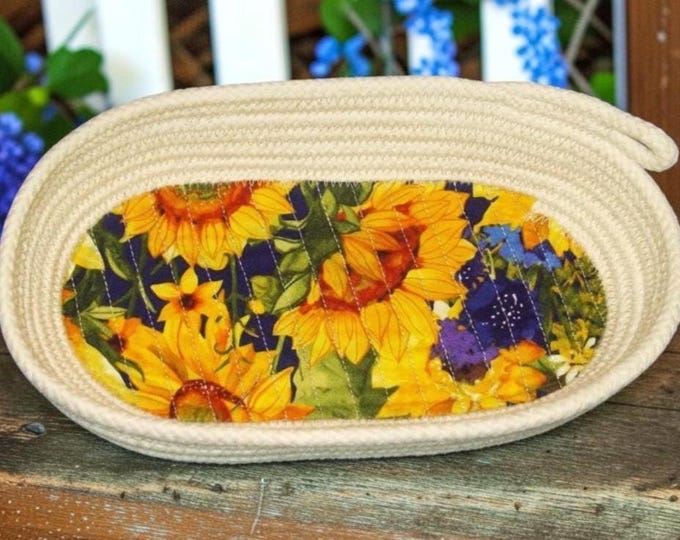 Sunflowers Oval Rope Bowl-Coiled clothesline cord basket