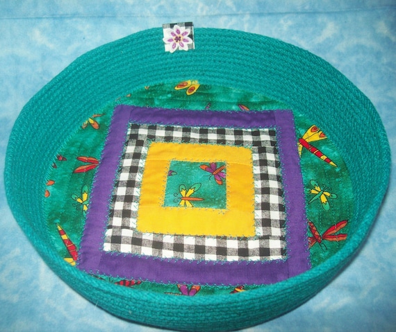 Colorful Rope Bowl-Patchwork Quilted Base-Country Style Cotton Cord Basket-Hand dyed- handmade in Montana