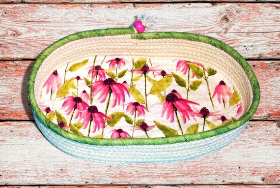 Floral Oval Rope Bowl-Fabric Wrapped Flower Bowl-Nightstand Basket