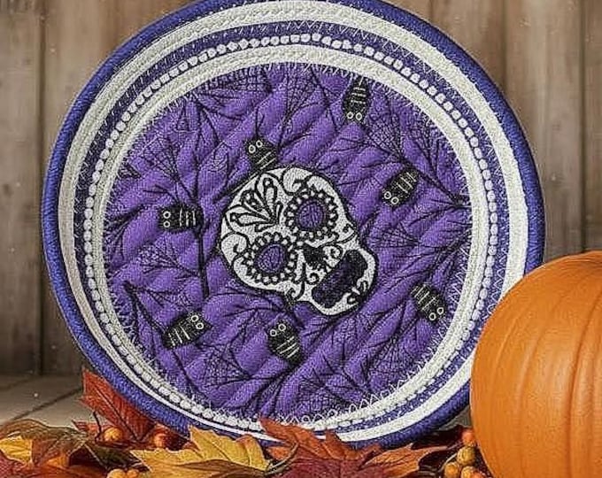 Skelton Embroidered Rope Bowl-Halloween Fabric Wrapped Basket