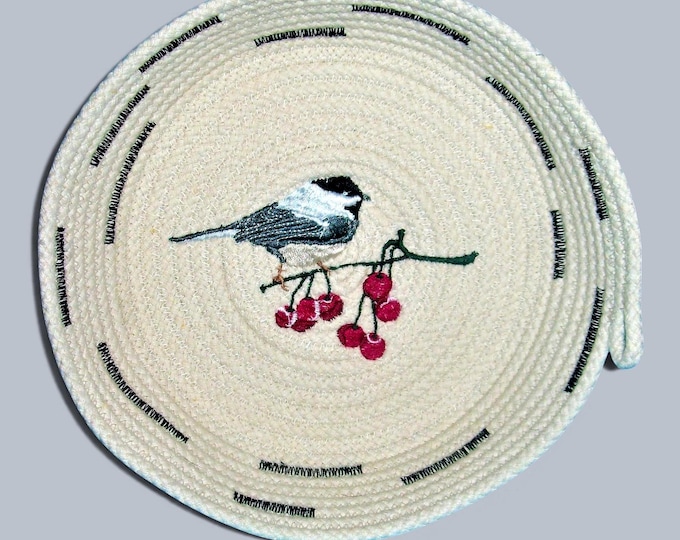 Embroidered Chickadee Rope Bowl: Winter Bird & Berries Basket