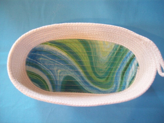 Oval Rope Basket: Teal Geometric Fabric Bottom, Contemporary Key or Eyeglass Dish