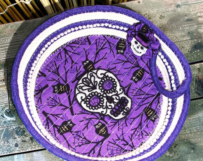 Skelton Embroidered Rope Bowl-Halloween Fabric Wrapped Basket