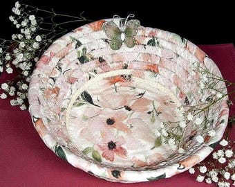 Bol de cuerda con delicado estampado floral - Cesta de baratijas de tela de estilo antiguo