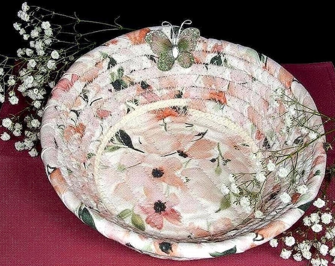 Dainty Floral Rope Bowl-Old Fashioned Fabric Trinket Basket