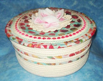 Handmade Coiled Rope Bowl with Lid: Fabric Sewing Basket