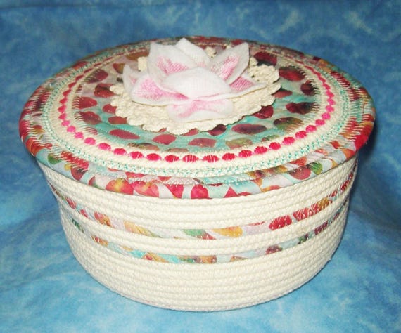 Handmade Coiled Rope Bowl with Lid: Fabric Sewing Basket