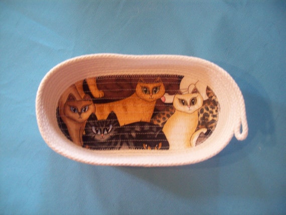 Oval Rope Bowl: Vintage Cat Fabric Trinket Dish