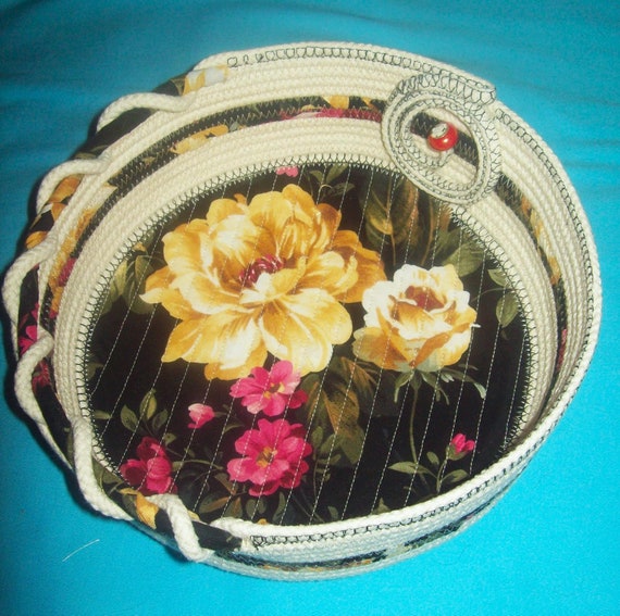 Yellow Roses Fabric Rope Bowl: Coiled Clothesline Basket