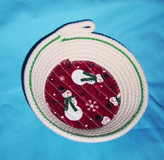 Snowmen Fabric Rope Bowl: Holiday Trinket Basket