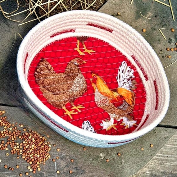 Chicken Fabric Rope Bowl: Farmhouse Coiled Quilted Basket, 8"