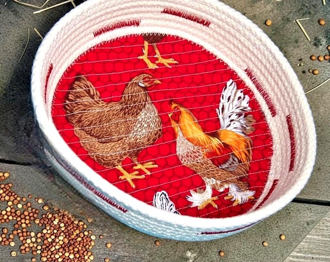 Chicken Fabric Rope Bowl: Farmhouse Coiled Quilted Basket, 8"