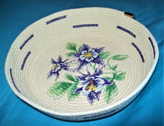 Embroidered Columbine Rope Bowl: Soft Coiled Floral Basket