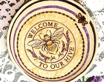 Honey Bee Embroidered Rope Bowl-Fabric Wrapped Medium Basket