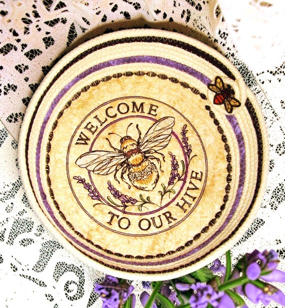 Honey Bee Embroidered Rope Bowl-Fabric Wrapped Medium Basket