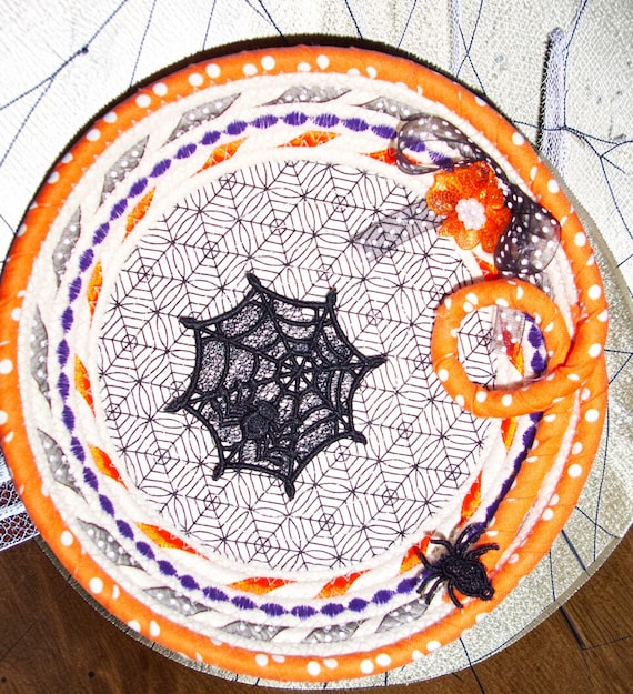 Spider Web Embroidered Rope Bowl-Holiday Candy Basket-Lace Spider