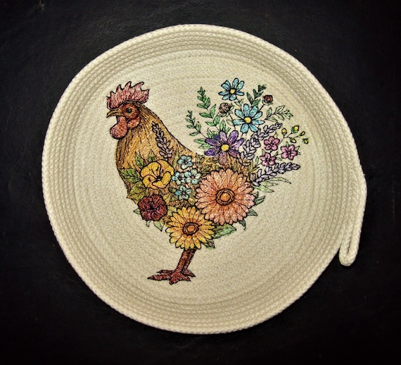Embroidered Rooster Rope Bowl: Floral Chicken Basket, Montana Made