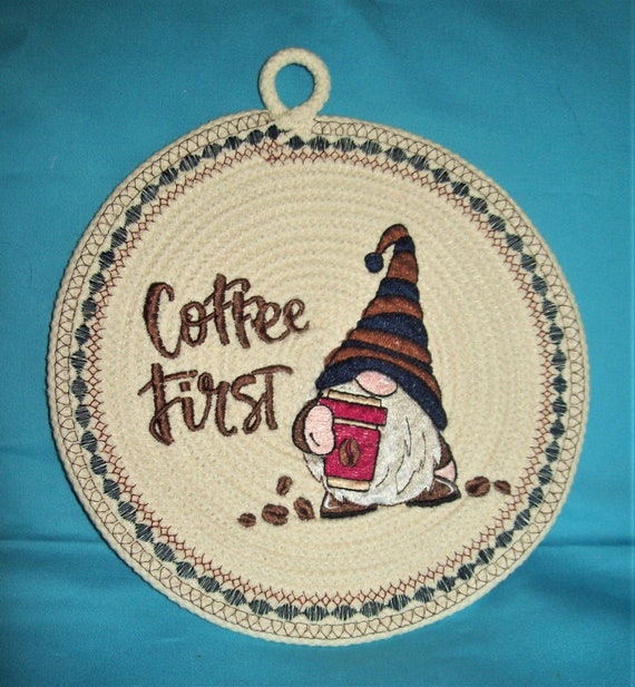 Embroidered Gnome Rope Trivet: Coffee First Mug Rug