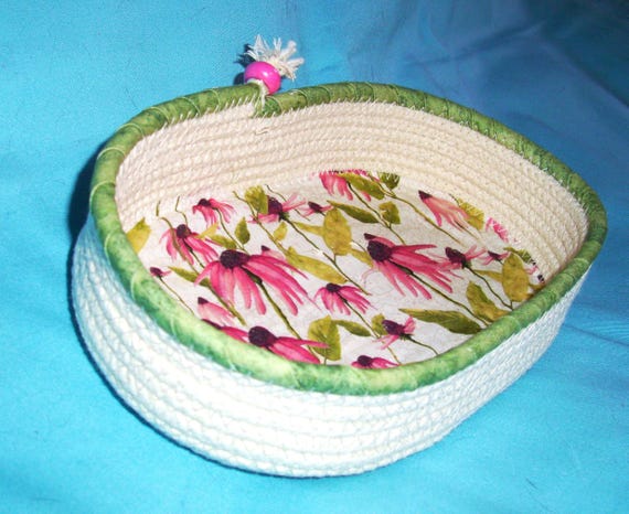 Floral Oval Rope Bowl-Fabric Wrapped Flower Bowl-Handmade Decorative Gift-Clothesline Coiled Basket-Eyeglasses Keeper-Nightstand Basket