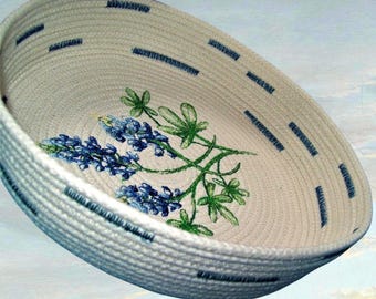 Coiled Rope Bowl-Embroidered Montana Lupines-Texas Bluebonnet Flowers-Handmade Cord Basket-Country Style Gift