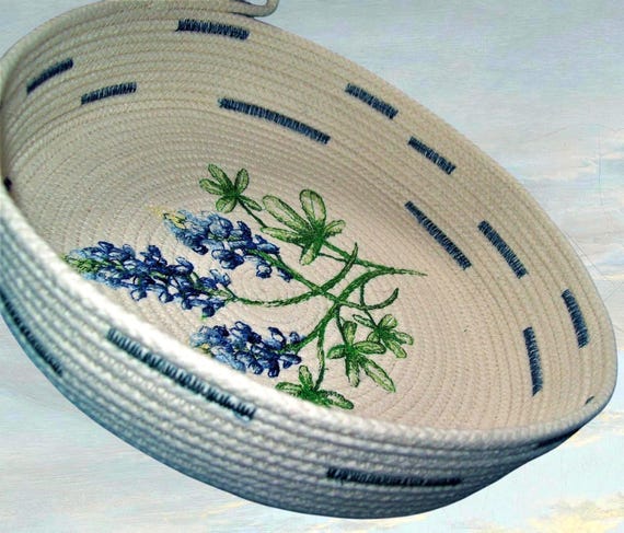 Coiled Rope Bowl-Embroidered Montana Lupines-Texas Bluebonnet Flowers-Handmade Cord Basket-Country Style Gift