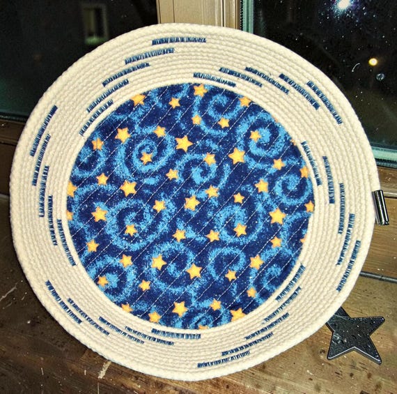Stars Rope Bowl: Celestial Coiled Fabric Basket -Blue Thread Swirls Galaxy