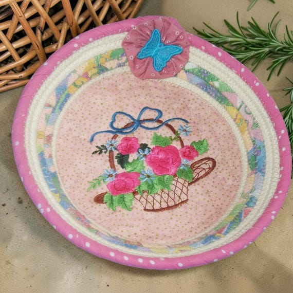 Embroidered Rope Bowl - Floral Fabric Basket, Montana Handmade