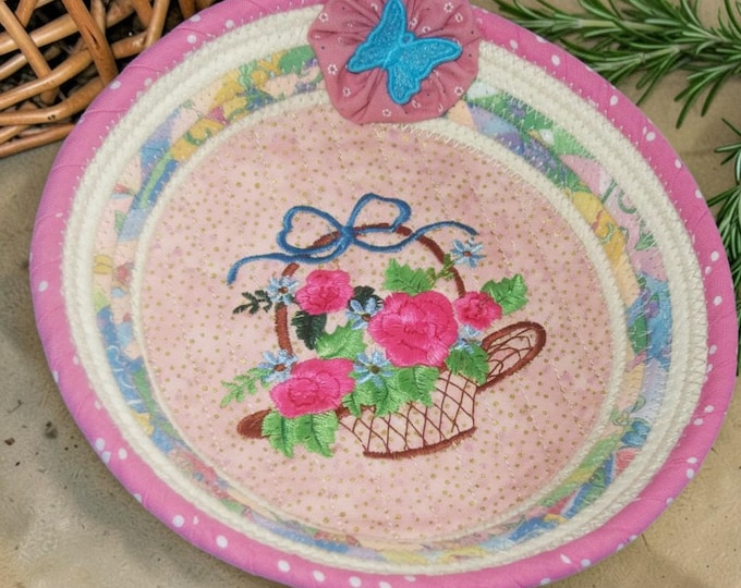 Embroidered Rope Bowl - Floral Fabric Basket, Montana Handmade