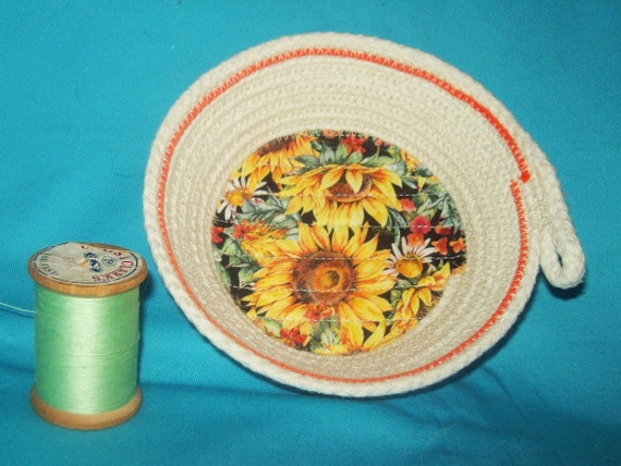 Handmade Sunflower Rope Bowl: Coiled Trinket Key Keeper Basket