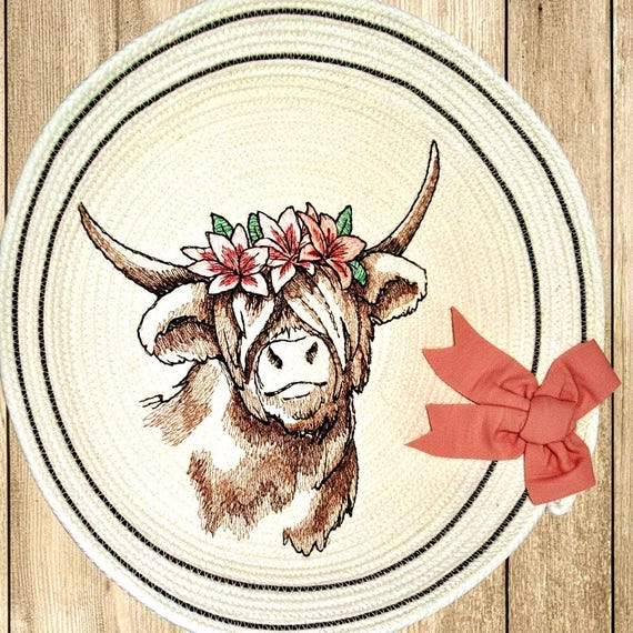 Embroidered Highland Cow Rope Bowl: Farmhouse Decor Basket (10 inch)-Lace Bow & Cow Head