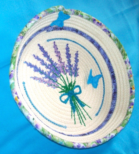 Embroidered Lavender Bouquet Rope Bowl with Lace Butterflies