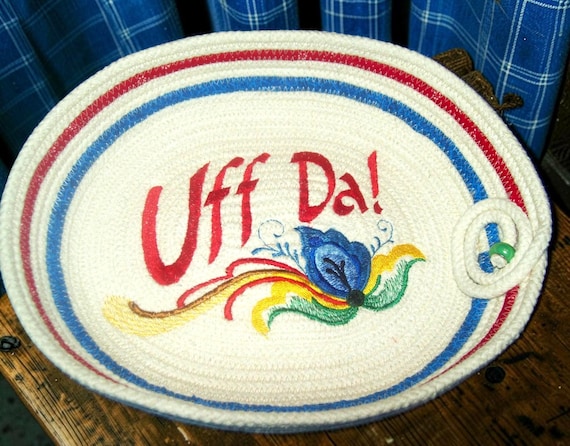 Embroidered Scandinavian Bowl-UffDa Saying-Rosemaling Design-Coiled Red basket- Clothesline Rope Basket-Norwegian Saying-Norwegian wall art