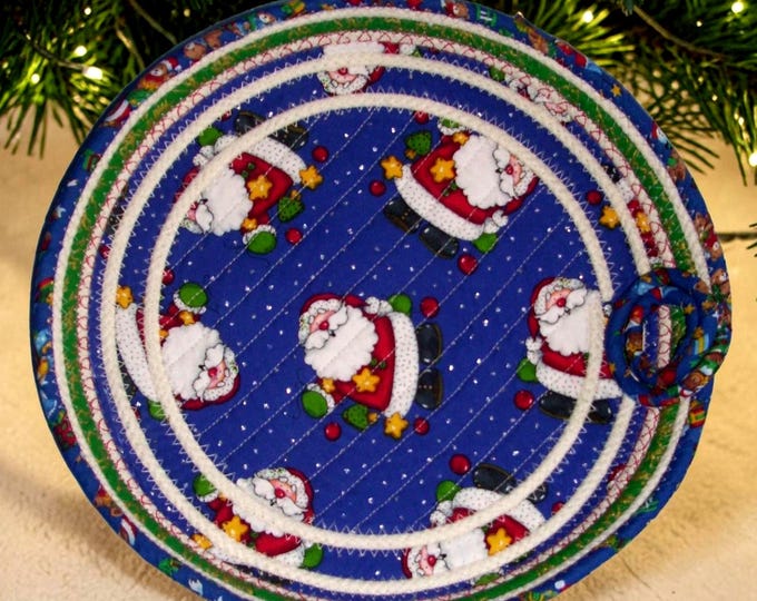 Santa Quilted Rope Bowl-Fabric Wrapped Rope Basket- Shallow Large Platter