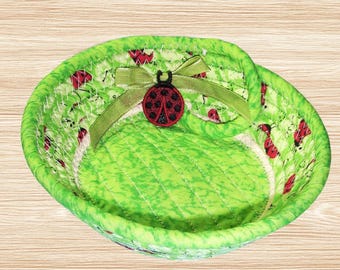 Ladybug Fabric Wrapped Rope Bowl-Lime Green Trinket Basket