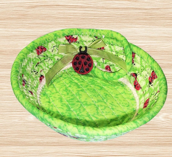 Ladybug Fabric Wrapped Rope Bowl-Lime Green Trinket Basket
