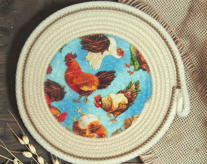 Chickens Rope Bowl-Rooster Hen Trinket Bowl-Coiled Rope Bowl-Barnyard Scene Bowl-chickens in a basket-small farmyard bowl