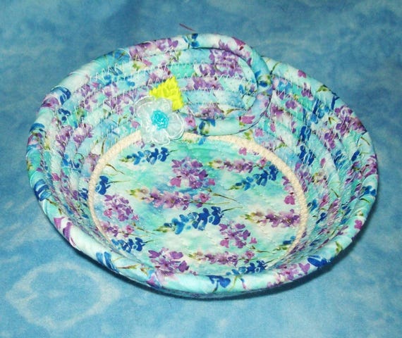 Lavender Fabric Wrapped Rope Bowl: Handmade Coiled Small Basket